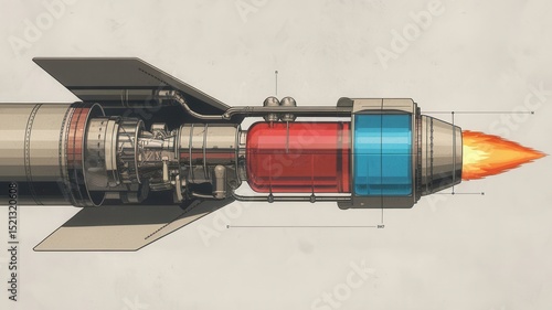 Detailed cross-section of a stylized rocket engine with retro aesthetic