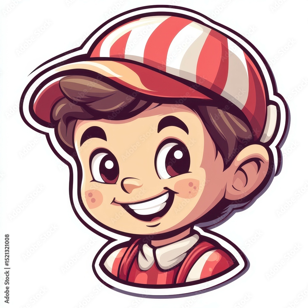 Cheerful young boy in a red and white striped cap and shirt smiling happily Cheerful young boy in a red and white striped cap and shirt smiling happily