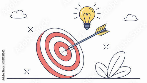 Illustration showing an arrow hitting the center of a target with a lightbulb and clouds in the background