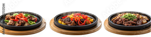Three hot plates of stir-fried beef and peppers