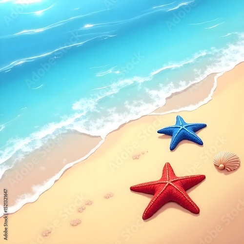Red starfish half-submerged in foamy waves, sandy beach