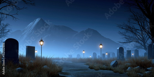 A graveyard with a path leading to it. The path is lit by lanterns and the sky is dark
