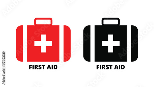 First aid kit icon set isolated on a white background, red and black emergency medical suitcase with cross symbol, healthcare and hospital supply flat vector illustration for apps and websites