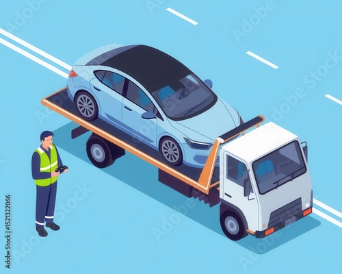 Isometric Flat Vector Illustration Car Towing Service Delivering Auto Recovery