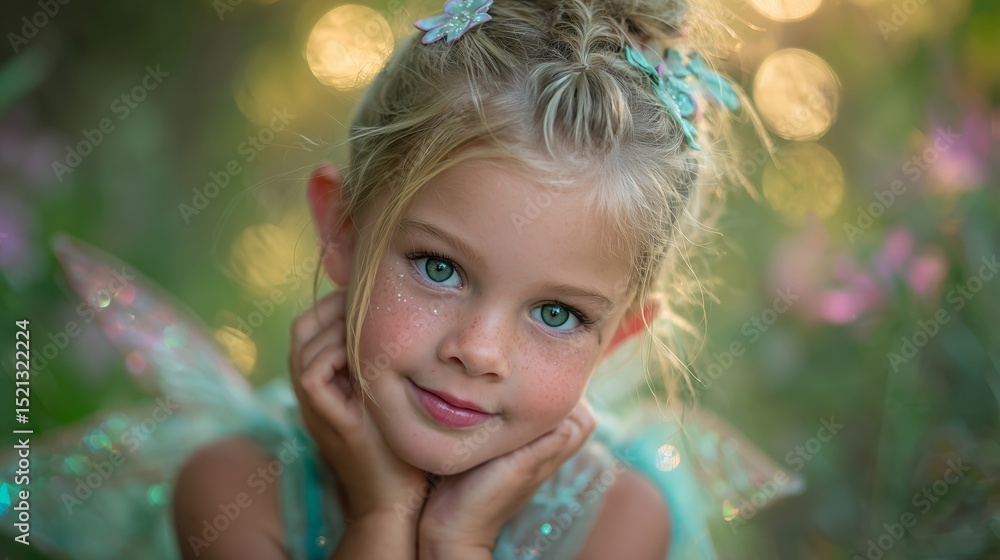 Fototapeta premium Young girl with fairy wings enjoying a magical moment in a garden during golden hour