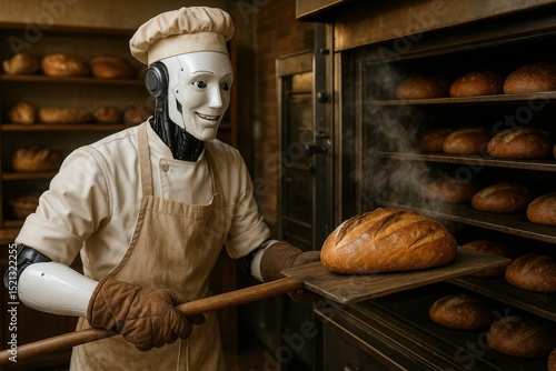 Robot baker pulls fresh loaves from the oven in a modern bakery during morning hours