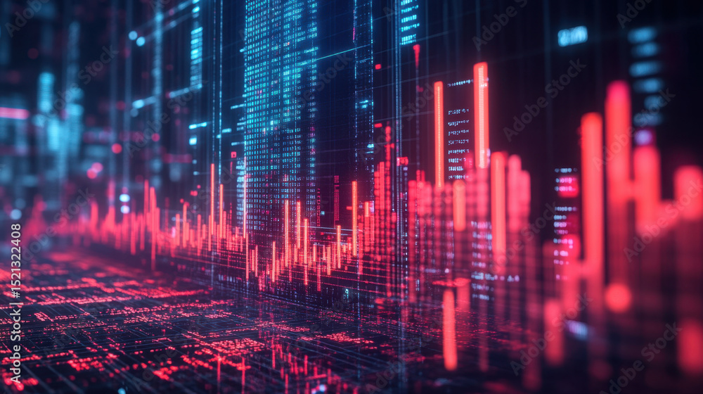 Abstract Digital Cityscape with Red and Blue Glowing Data Lines Abstract Digital Cityscape with Red and Blue Glowing Data Lines