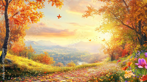 秋の紅葉に包まれた山道
