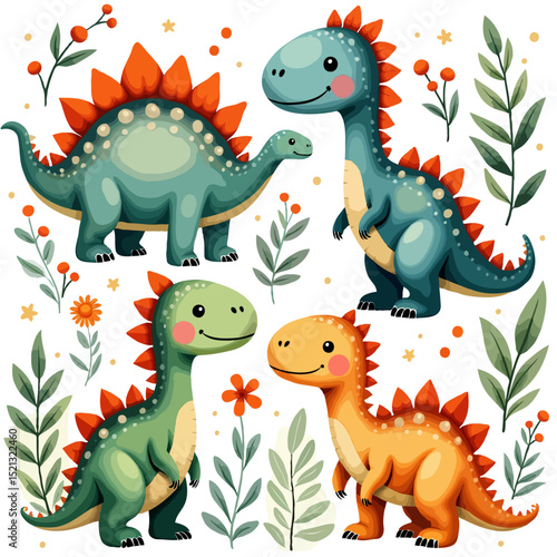 cute cartoon dinosaurs set - playful prehistoric animals