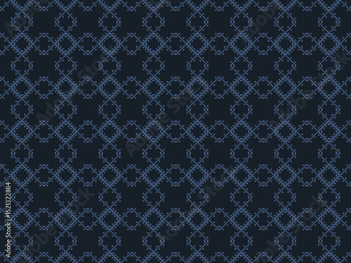 This fabric features a dark indigo Ikat pattern with intricate, continuous geometric diamond motifs, suitable for textile design and handicrafts seeking a calm and classic aesthetic.