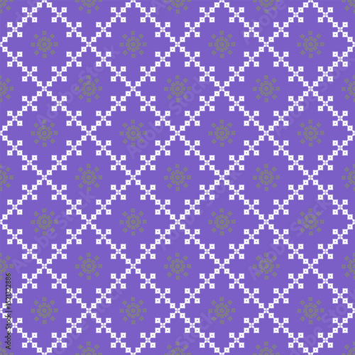 This fabric features a beautiful purple diamond grid pattern with continuous floral and dotted motifs, suitable for designs that seek intricacy and style.