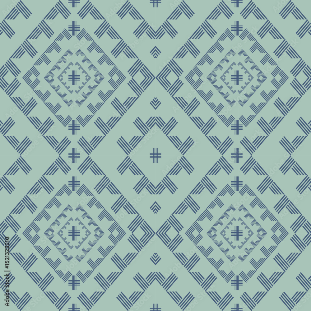 Fototapeta premium This fabric features a blue-green diamond batik pattern with simple yet orderly geometric motifs, suitable for textile designs seeking a calm and modern aesthetic.