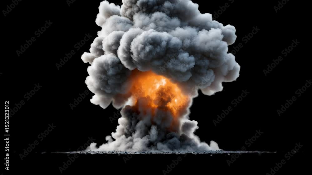 Dramatic fiery explosion with smoke animated overlay, transparent 4K video, alpha channel, ProRes 4444