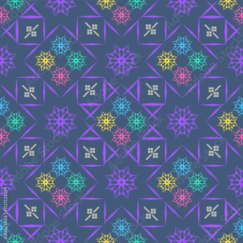 This fabric features a purple batik pattern with geometric and colorful floral motifs on a bluish-purple background, suitable for designs that seek a playful and vibrant aesthetic.