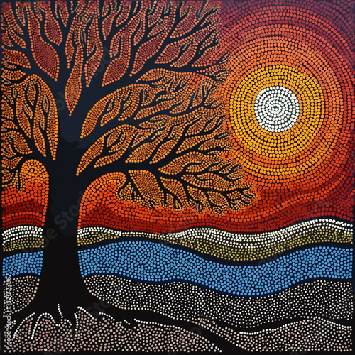 aboriginal dot painting landscape art tree sunset