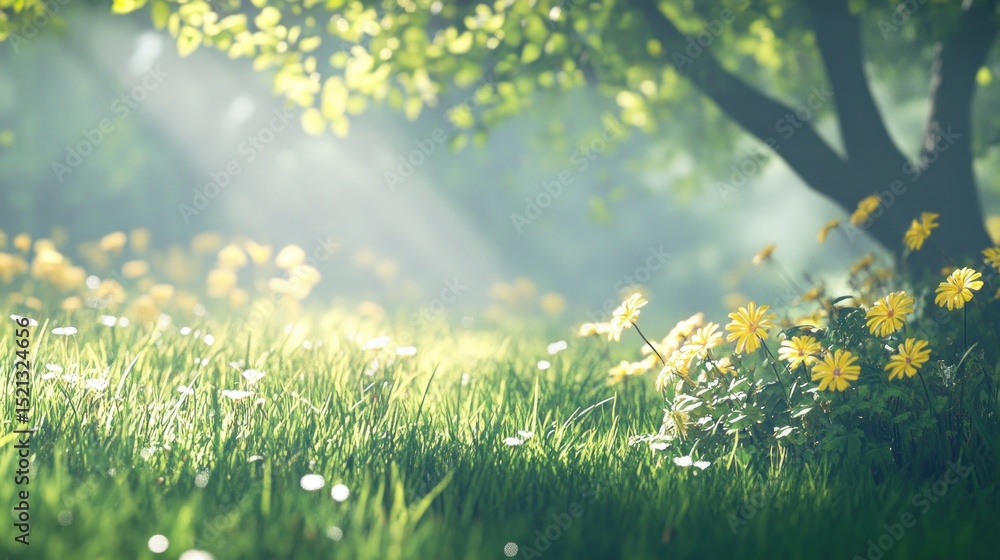 Fototapeta premium Lush meadow bathed in morning sunlight.
