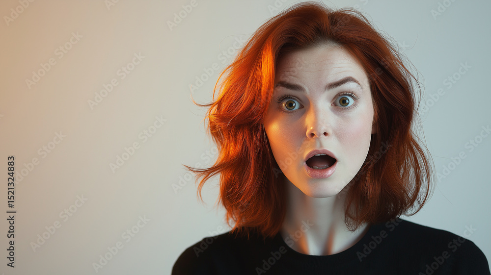 Fototapeta premium Portrait of a young redhaired woman with shocked face expression