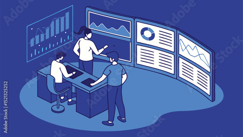 Team analyzing data on multiple screens in a dark blue office environment with charts and graphs displayed