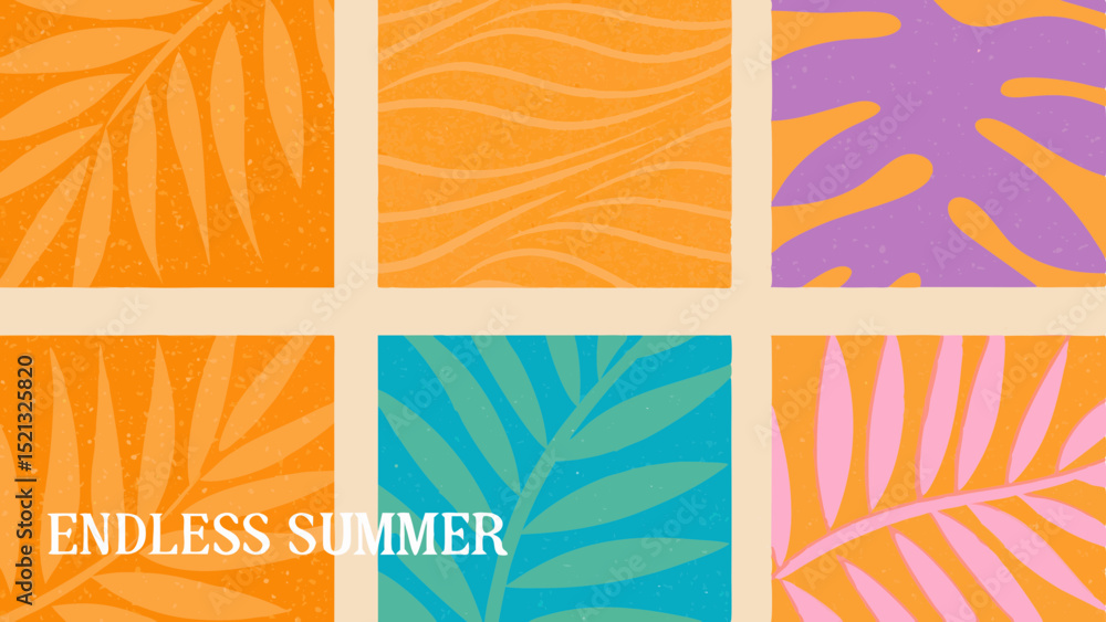 Obraz premium Botanical themed collage with tropical leaves and wavy lines in square frames in vibrant summer colors