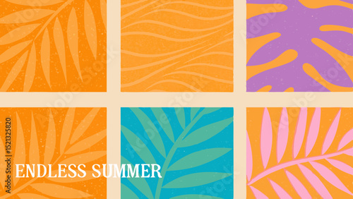 Botanical themed collage with tropical leaves and wavy lines in square frames in vibrant summer colors