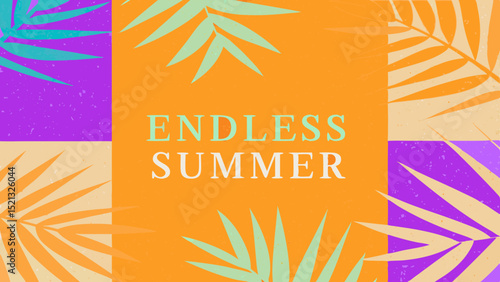Endless summer text surrounded by colorful squares and palm leaves in a vibrant and summery design