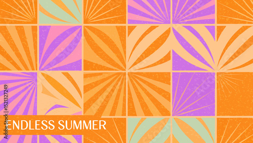 Geometric tile pattern with orange and purple radiating designs in a square grid arrangement style art