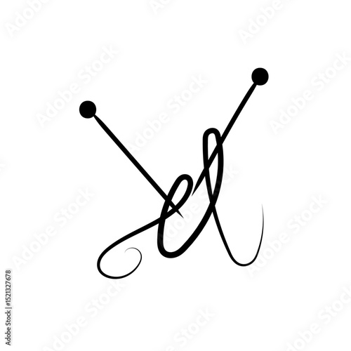 Knitting needles and thread, continuous single line art drawing sketch, logo