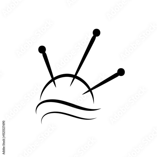 A pincushion, needles, continuous single line art drawing sketch, logo