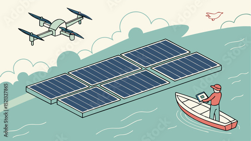Drone over solar panels on water near a boat with a person holding a tablet and a bird flying above clouds