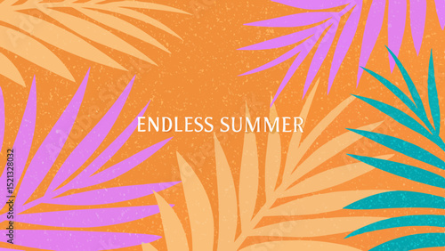 Illustration of colorful palm leaves in shades of orange, pink, and teal on an orange textured background
