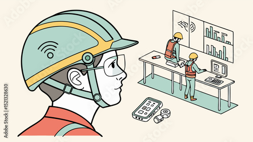 Illustration of a worker wearing a smart helmet with colleagues analyzing data in a modern office setting