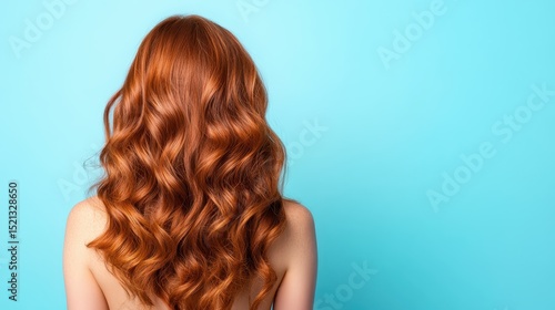 A stunning display of flowing red wavy hair contrasted beautifully against a soothing turquoise background, highlighting the vibrancy and depth of color in fashion.