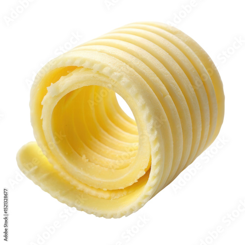 Curled butter isolated on a white background, showcasing elegant texture and softness ideal for culinary uses