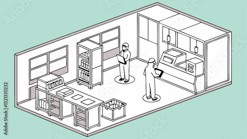 Isometric view of a clean room with two workers in suits operating equipment and checking inventory