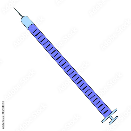 Closeup cartoon illustration of a disposable insulin syringe with visible needle and dosage markings. Concept of diabetes mellitus, chronic illness, and healthcare. Isolated on white background.