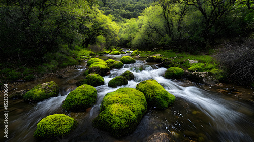 Stream With Moss Covered Rocks In Forest