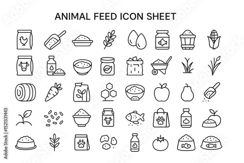 Animal Feed Icon Collection: A comprehensive set of line art icons representing various animal feed items, illustrating a visual guide to the dietary staples for livestock and pets. 