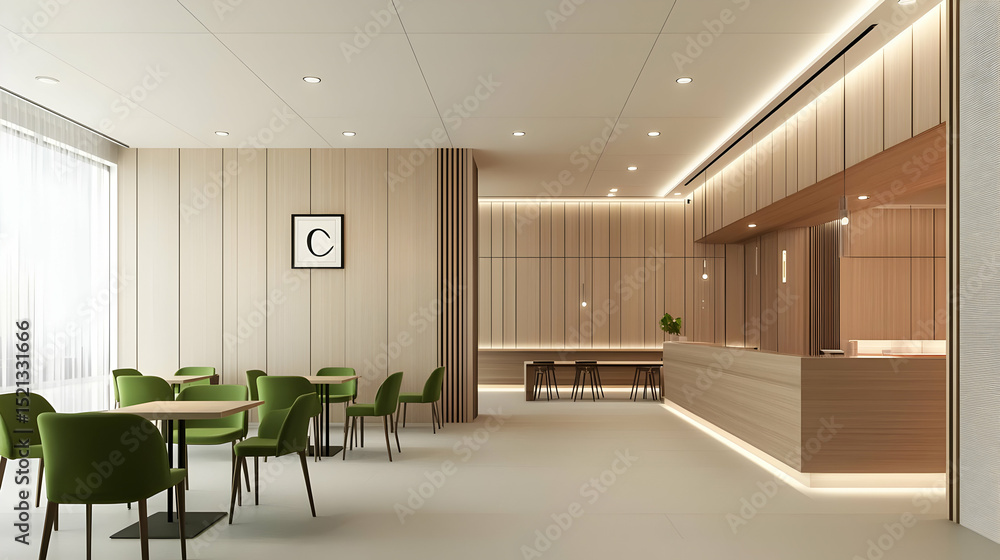 Fototapeta premium Modern Minimalist Lobby Interior Design With Wooden Walls And Green Chairs