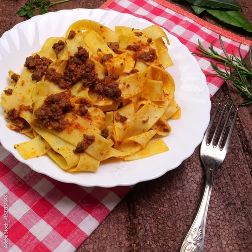 video in formato 1:1, piatto con pasta sl sugo di Cinghiale, piatto regionale umbro, Umbria,  Italia