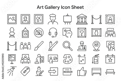 Art Gallery Icon Sheet: A comprehensive collection of art gallery icons, ideal for design projects that represent various aspects of the art world.