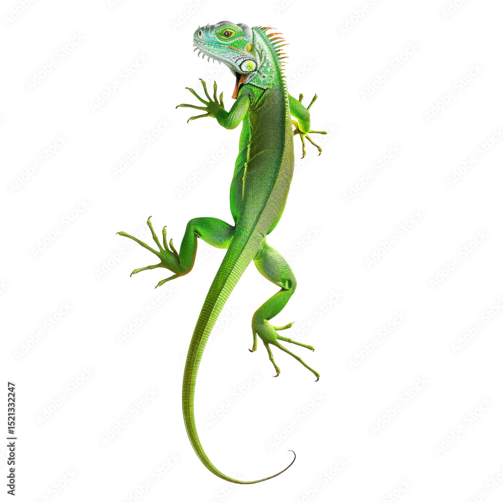 Fototapeta premium Vibrant green lizard with intricate details, showcasing its textured skin and unique features. This reptile is depicted in dynamic pose, emphasizing its agility and natural beauty