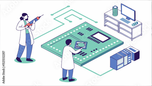 Illustration of two scientists in a lab coat working on a large circuit board with computer and server rack