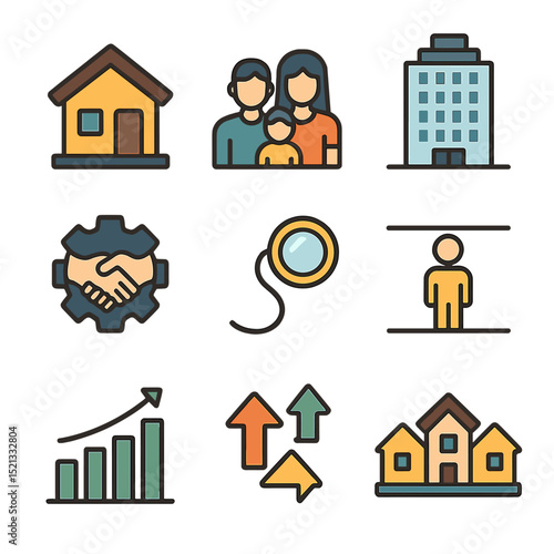 Socioeconomic Class Icons. Flat icon set of socioeconomic classes: low-income house, middle-class family, high