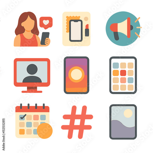 Social Media Icons. Flat icon set of social media stock image ideas: influencer selfie, flat lay phone, viral