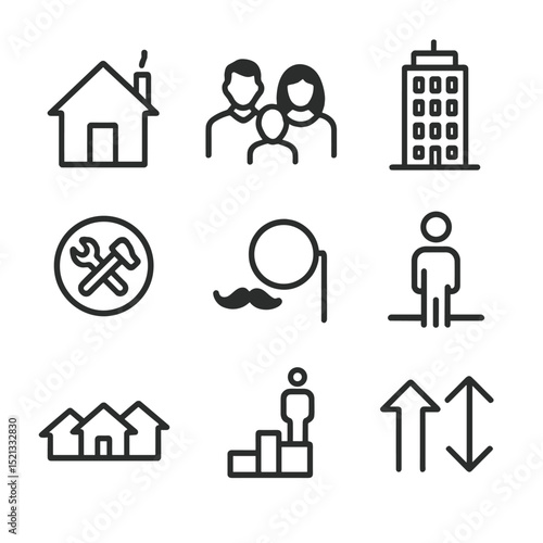 Socioeconomic Class Icons. Flat icon set of socioeconomic classes: low-income house, middle-class family, high