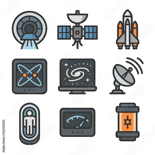 Space Tech Icon Set. Flat icon set of interstellar launch themes: warp-drive engine, deep space probe,