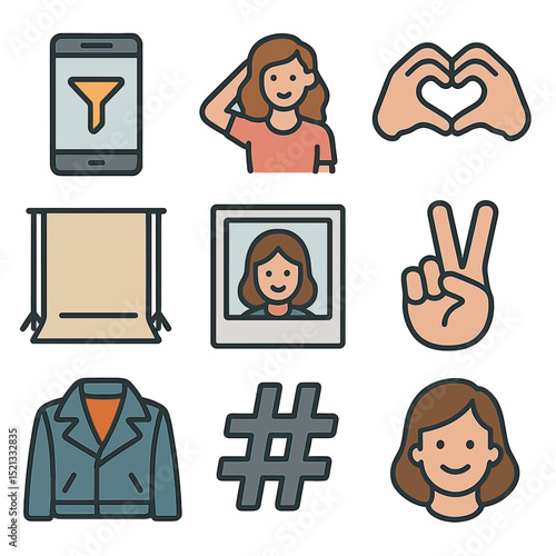 Social Media Icons. Flat icon set of posing for social media: phone with filter icon, influencer pose, heart