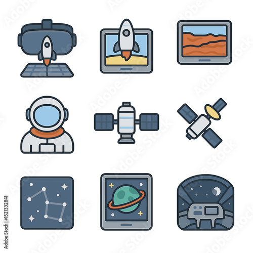Space Tourism Icons. Flat icon set of space tourism in AR: virtual rocket, moon landing scene, Mars terrain