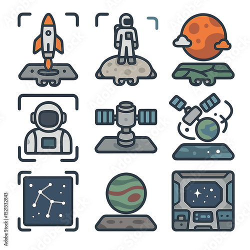 Space Tourism Icons. Flat icon set of space tourism in AR: virtual rocket, moon landing scene, Mars terrain