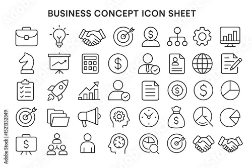 Business Concept Icon Sheet: A comprehensive collection of detailed and informative icons, providing a valuable visual resource for illustrating various business-related concepts and ideas. 